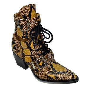 Chloe Python Embossed Leather Rylee Ankle Boots EU 37 US 7 Lace up Cutout Bootie